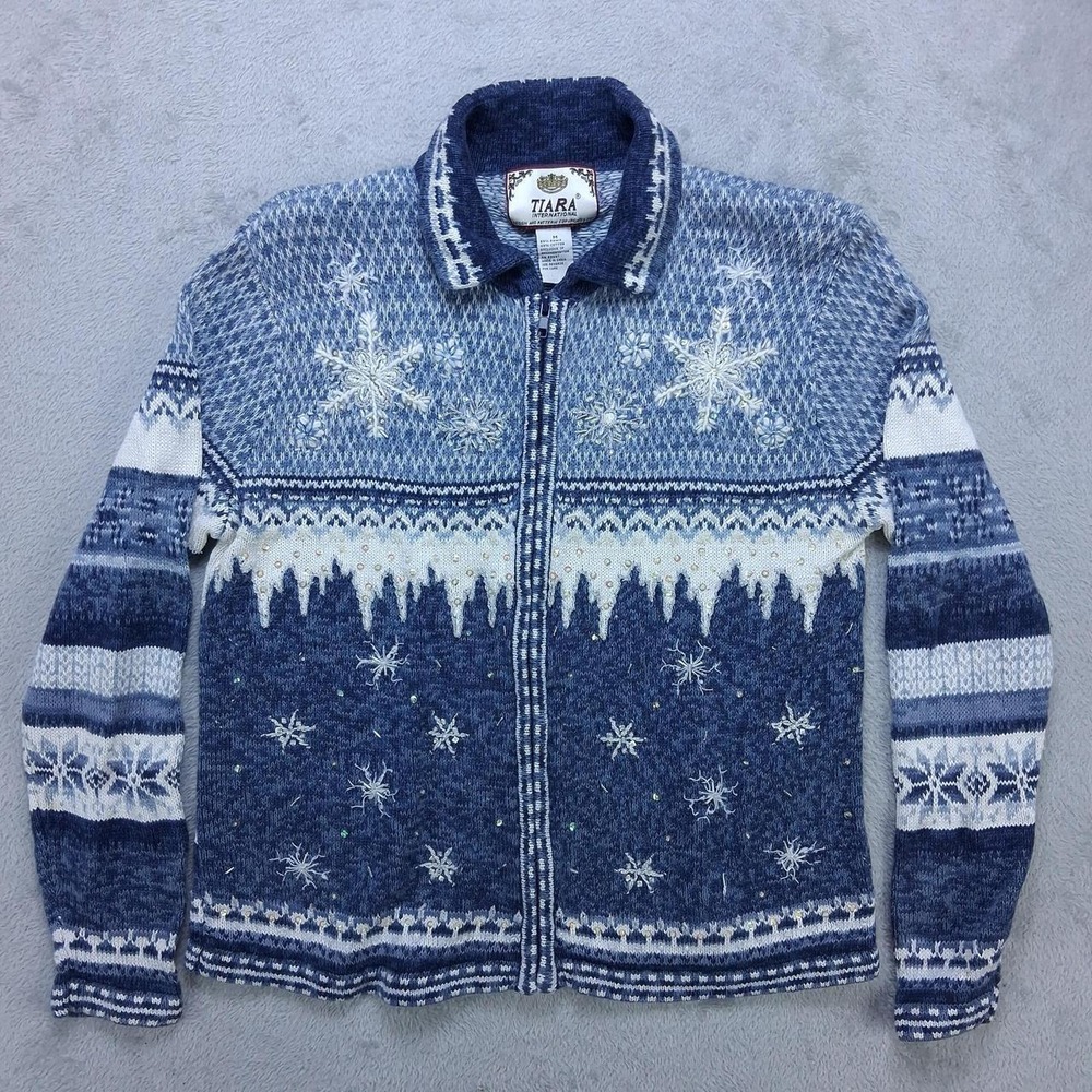 Tiara International Snowflake Zip-Up Sweater Cardigan Blue White Women's Medium